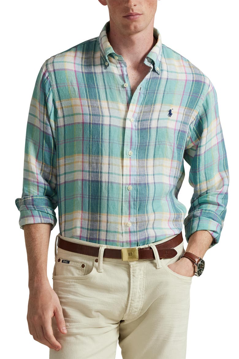 Classic Fit Plaid Linen Button-Down Shirt, Main, color, GREEN BLUE WHITE