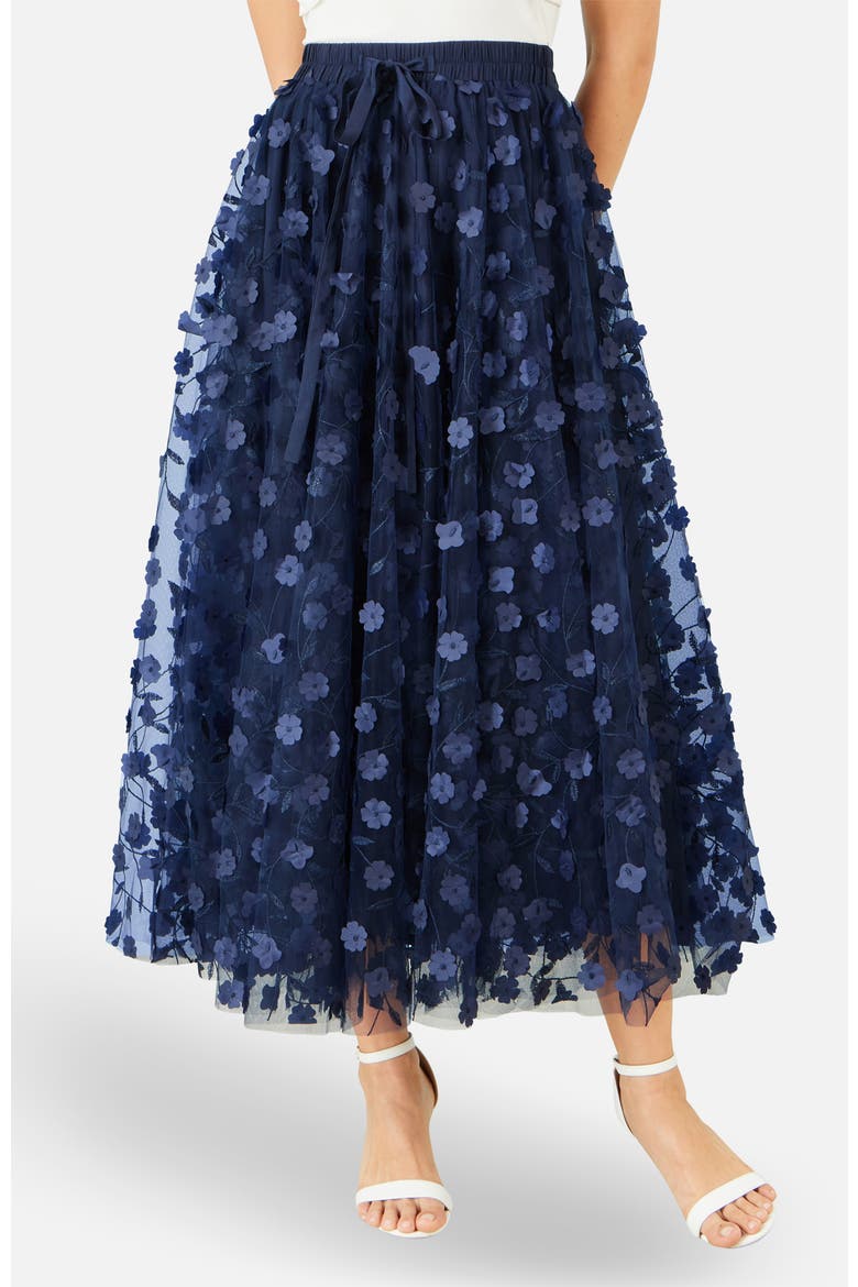 Mesh Floral Applique Midi Skirt, Main, color, Navy