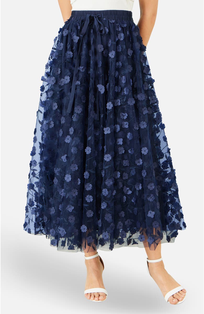 Yumi Mesh Floral Applique Midi Skirt, Main, color, Navy