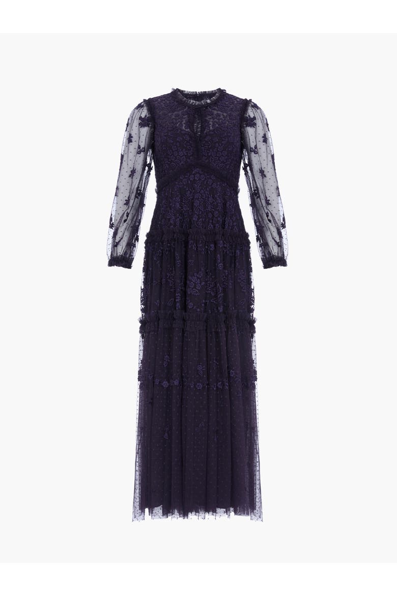 Autumn Lace Long Sleeve Ankle Gown, Alternate, color, Midnight