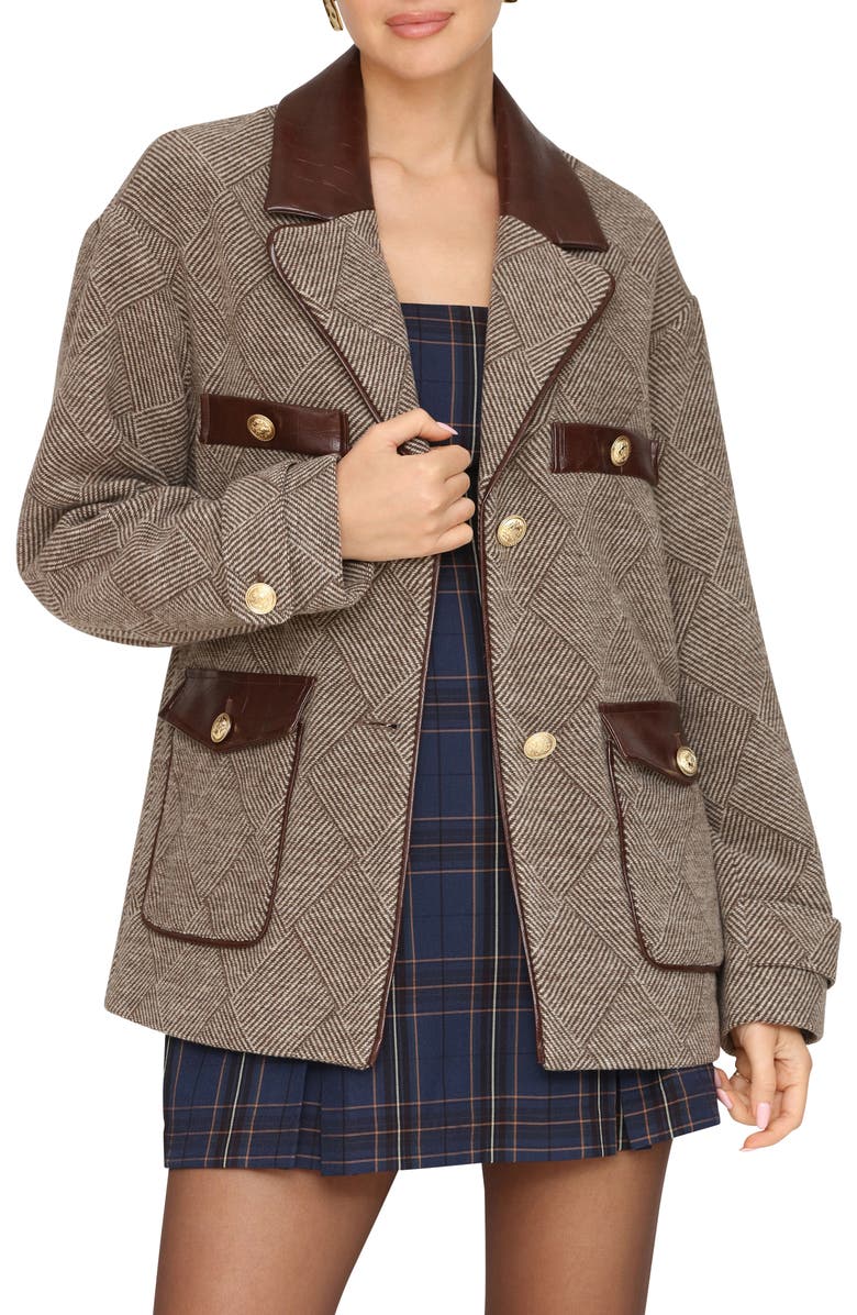 Avec Les Filles Diagonal Weave Contrast Trim Coat, Main, color, Brown Basket