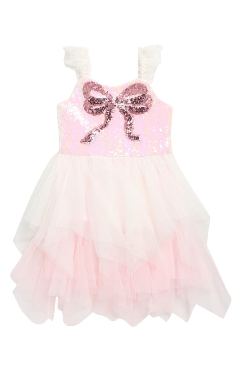 Zunie Sequin Bow Ruffle Tulle Dress, Main, color, Blush