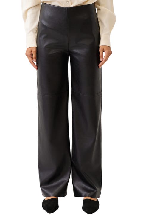 High Waist Pull On Wide Leg Faux Leather Pants