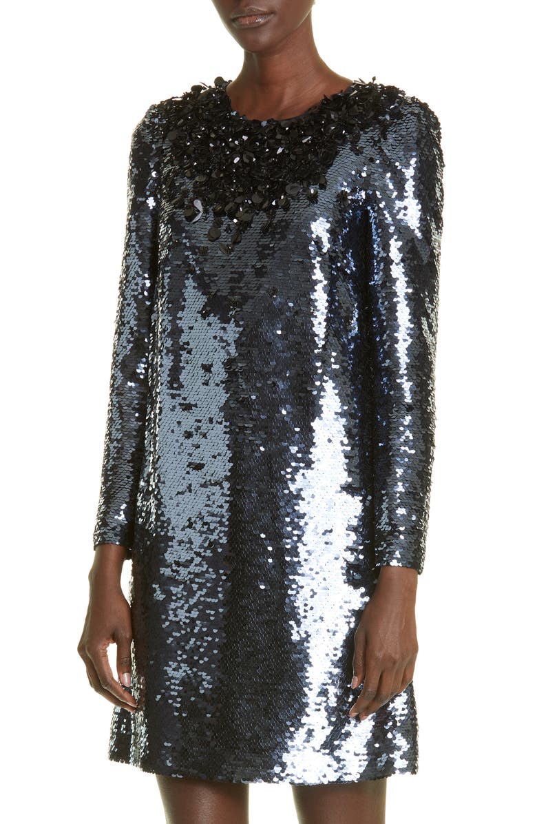 Carolina Herrera Sequin Long Sleeve Shift Dress, Alternate, color, 