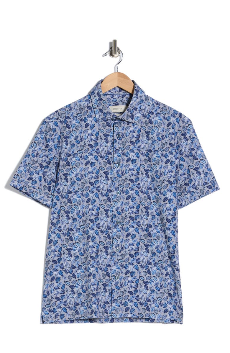 Bugatchi Leaf Short Sleeve Stretch Cotton Button-Up Shirt, Main, color, Night Blue