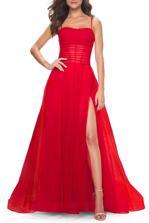 A-line Square Neck Tulle Ballgown with Illusion Waist