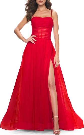 A-line Square Neck Tulle Ballgown with Illusion Waist