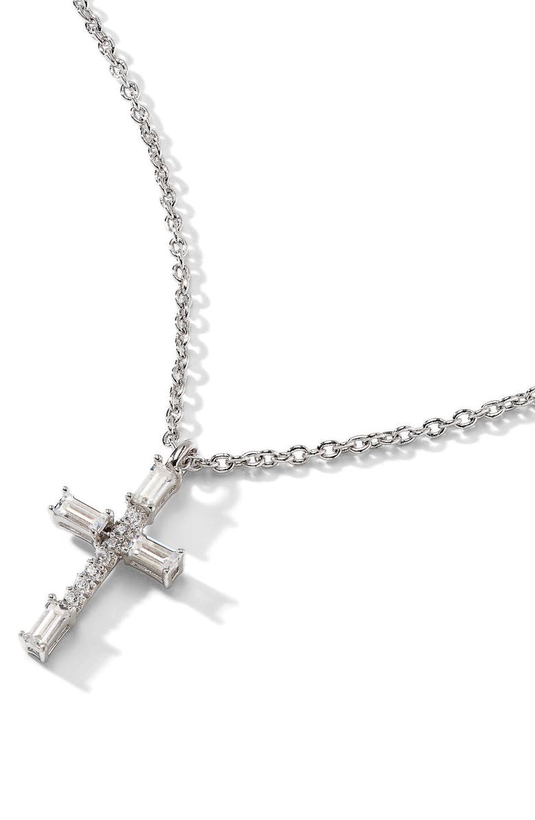 Nadri Baguette Cubic Zirconia Cross Pendant Necklace, Main, color, Rhodium