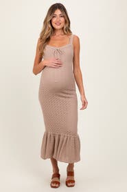 PinkBlush Taupe Crochet Knit Front Tie Midi Dress