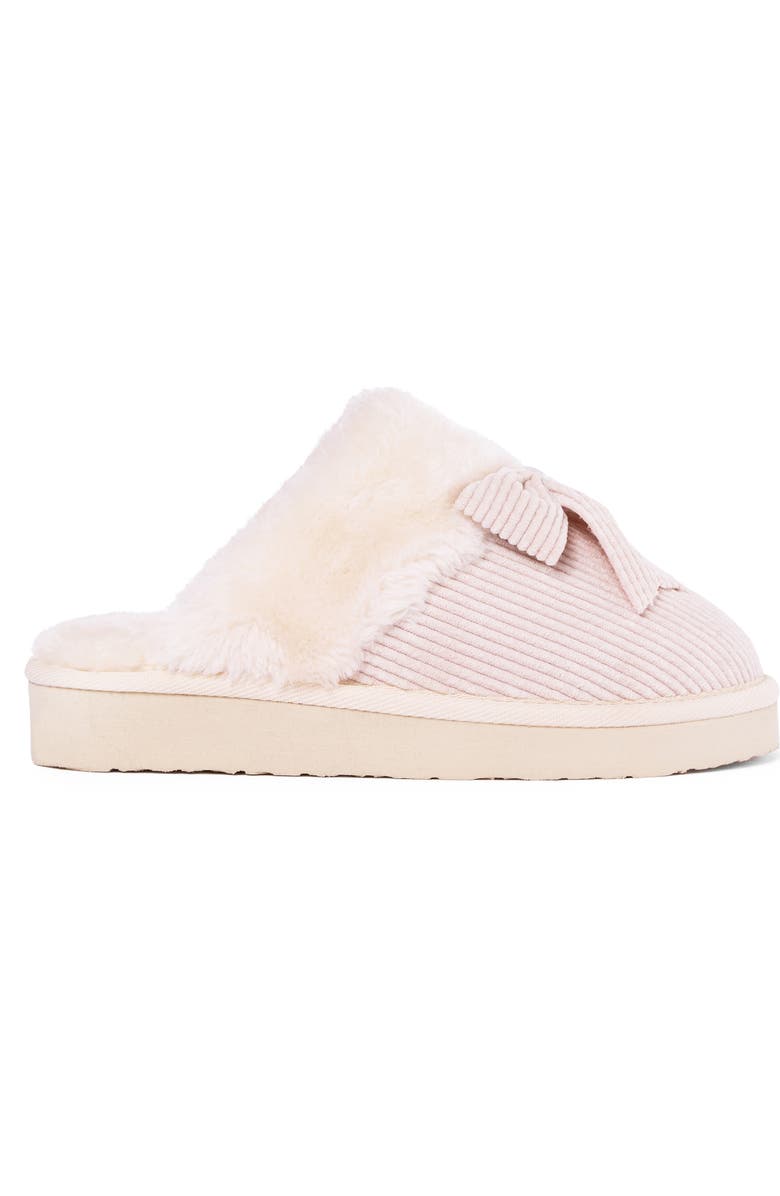 Minnetonka Bow Faux Fur Scuff Slipper, Alternate, color, Cream