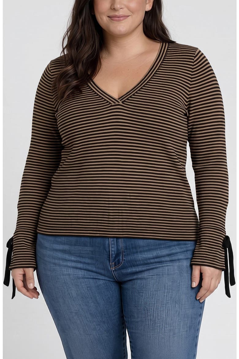 Striped V-Neck Top, Main, color, TAN/ BLACK STRPE