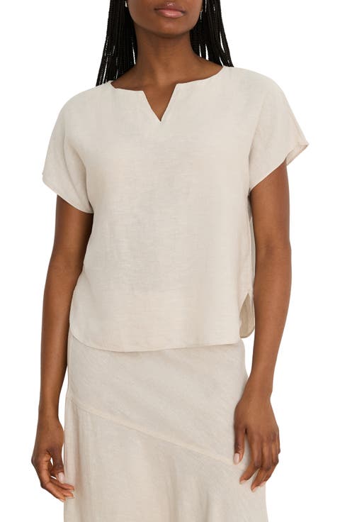 Rumba Linen Blend Split Neck Top (Regular & Petite)