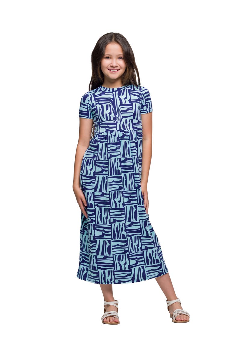 Short Sleeve Blue Geo Print Maxi Dress, Main, color, Blue Multi