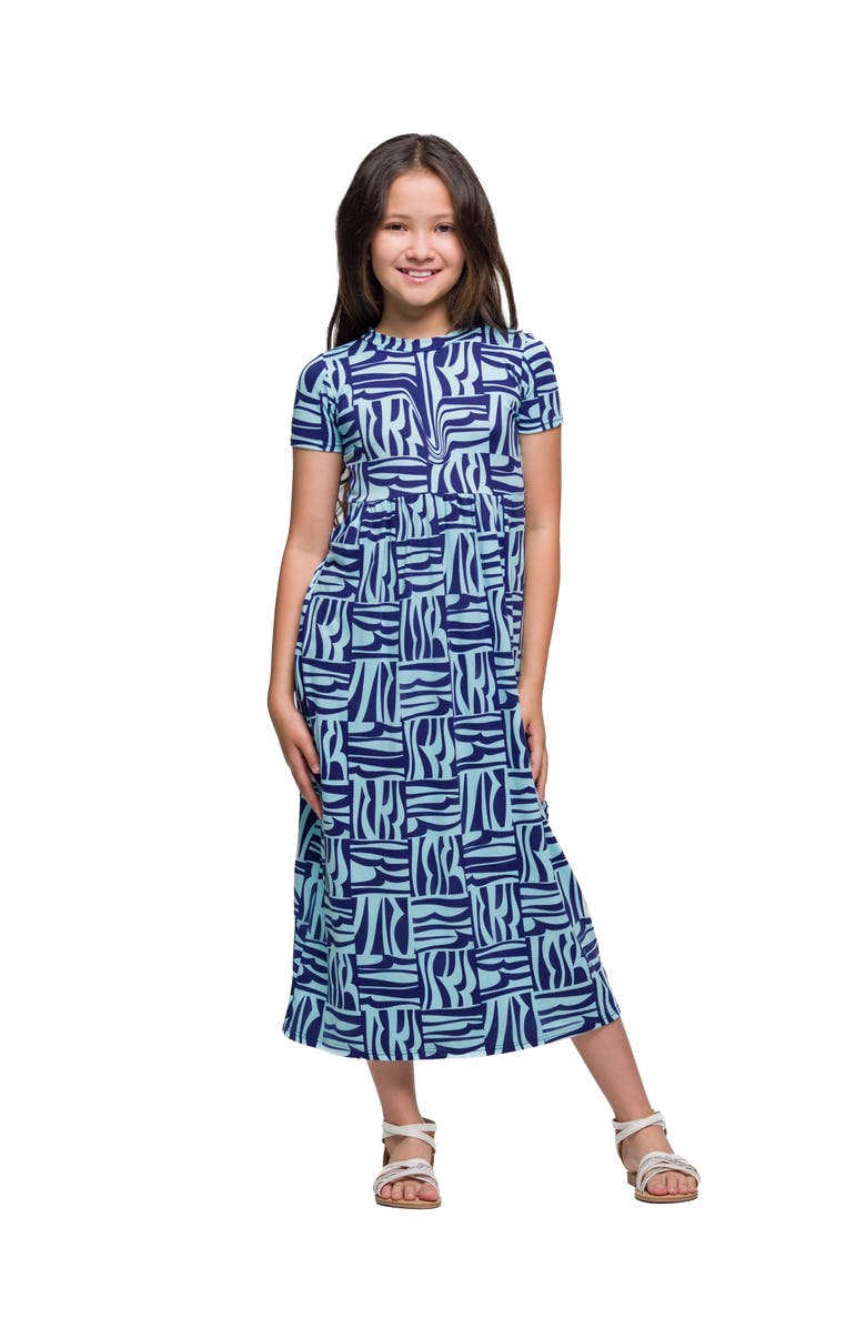 24sevenKid Short Sleeve Blue Geo Print Maxi Dress, Main, color, Blue Multi