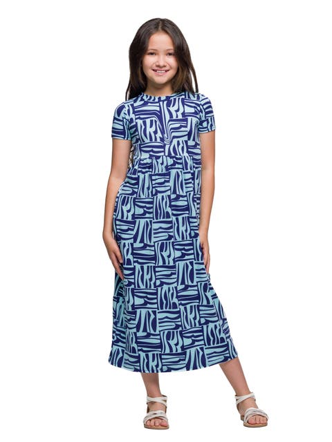 Short Sleeve Blue Geo Print Maxi Dress