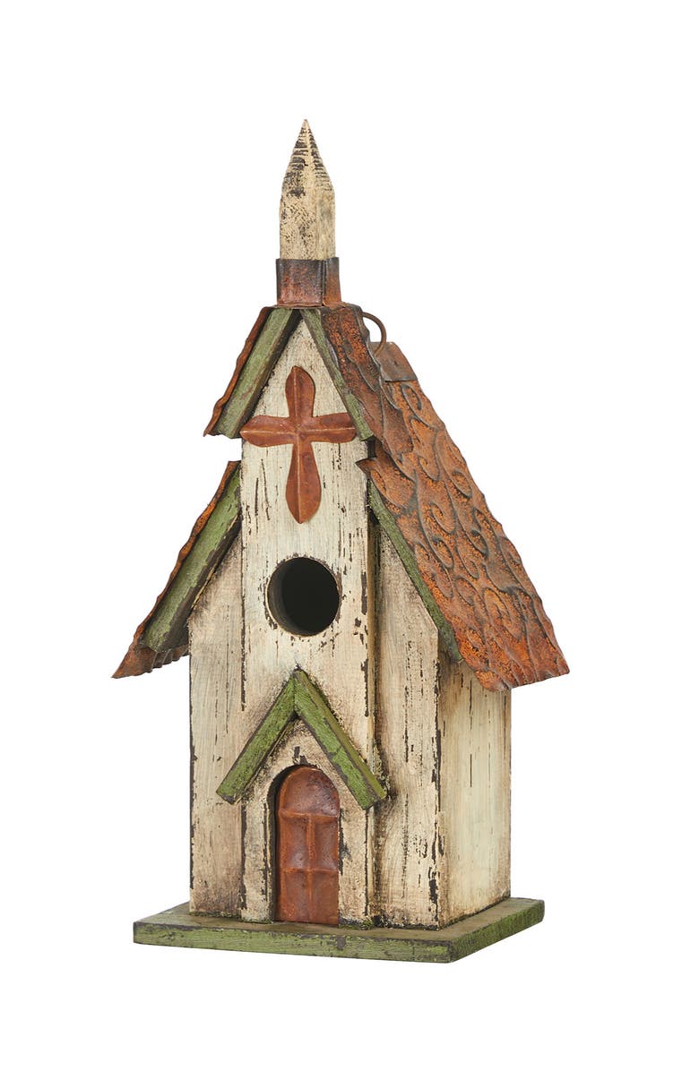 Glitzhome 14"H Distressed Solid Wood Church Birdhouse, Main, color, Green