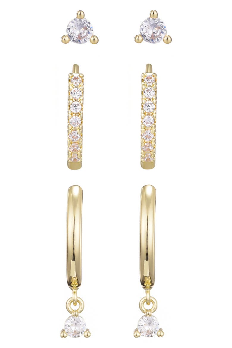 Set of 3 Cubic Zirconia Stud & Huggie Hoop Earrings, Alternate, color, GOLD