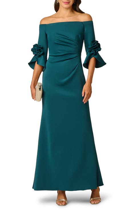 Rosette Off the Shoulder Scuba Crepe Gown