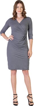 24seven Comfort Apparel Draped in Style Knee Length V-neck Dress