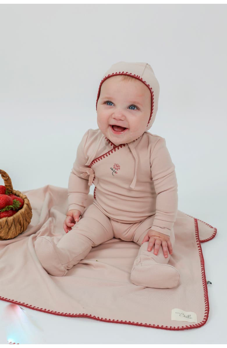 Bebe Bella Girl Embroidered Rocking Horse Wrap Romper with Bonnet, Alternate, color, Pink