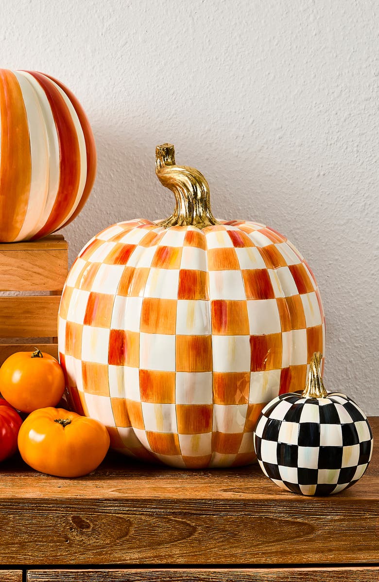 MACKENZIE CHILDS Orange Check Large Pumpkin, Alternate, color, Orange