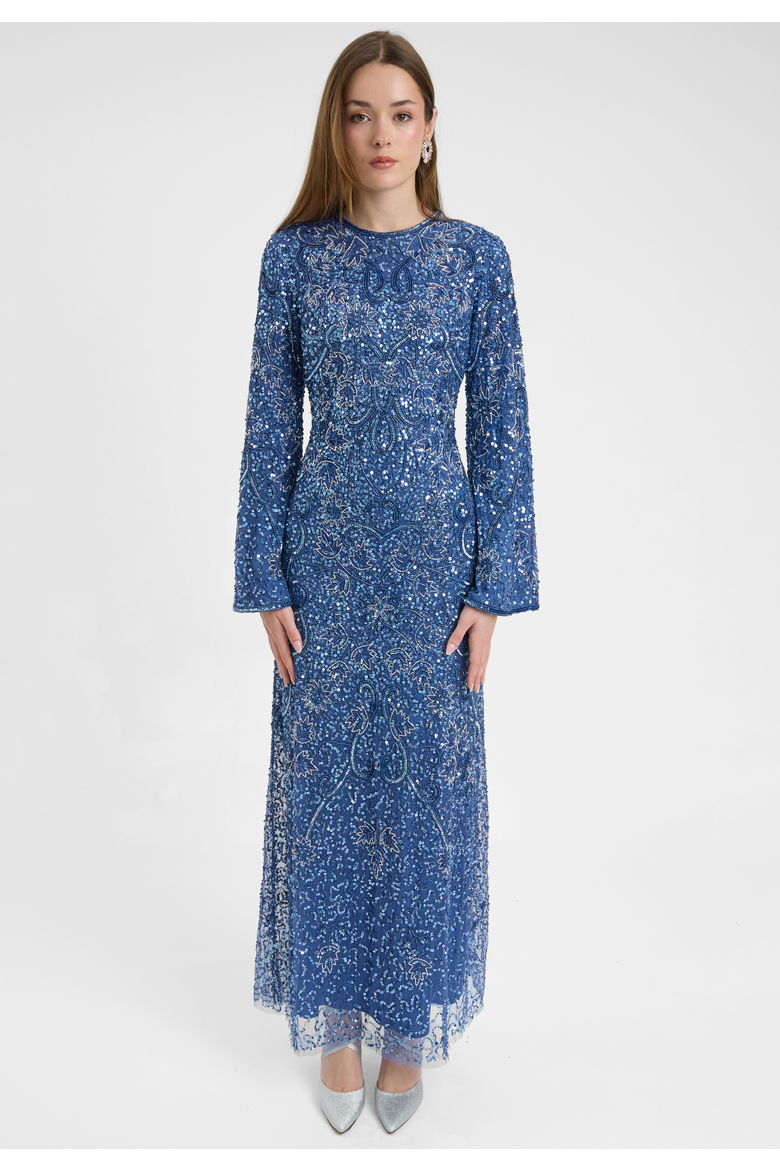 Modest Embellished Sequin Beaded Dress Maxi With High Detailed Work, Main, color, POWDER BLUE