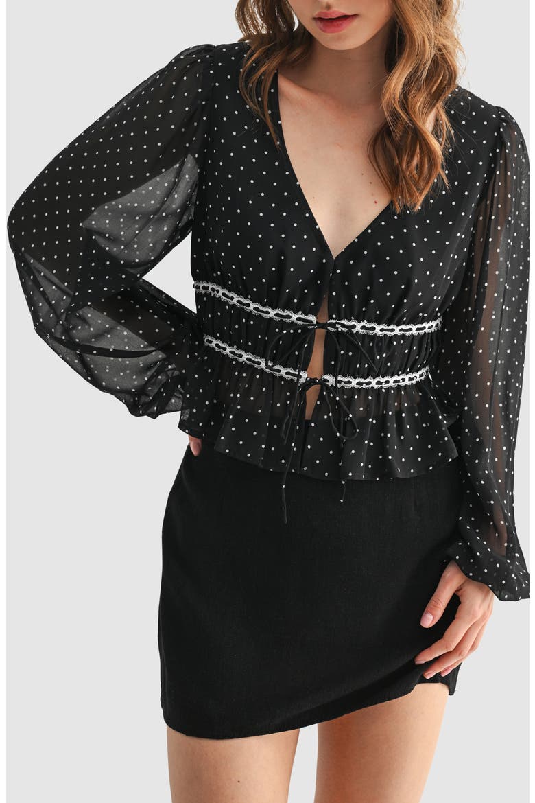 Lace Inset Tie Front Top, Main, color, BLACK WHITE DOT