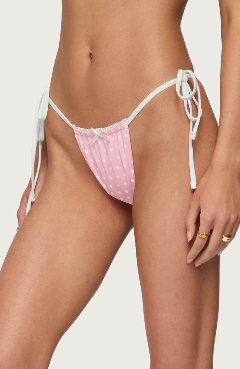 EDIKTED Leigh Polka Dot String Bikini Bottoms, Alternate, color, Pink-And-White