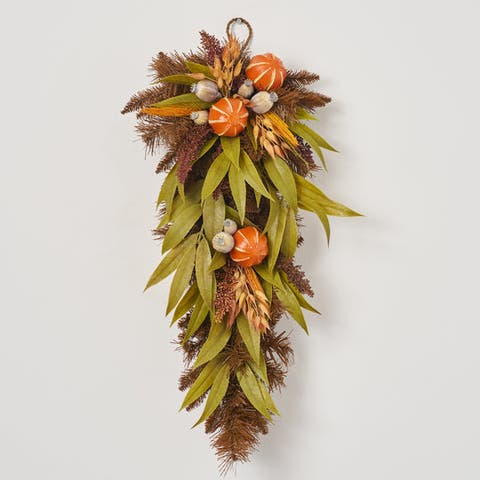Wild Harvest - Faux Orange, Olive Green Eucalyptus & Wheat Fall Door Handing Swag