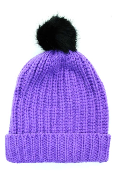 Chunky Wool Blend Beanie with Faux Fur Pompom