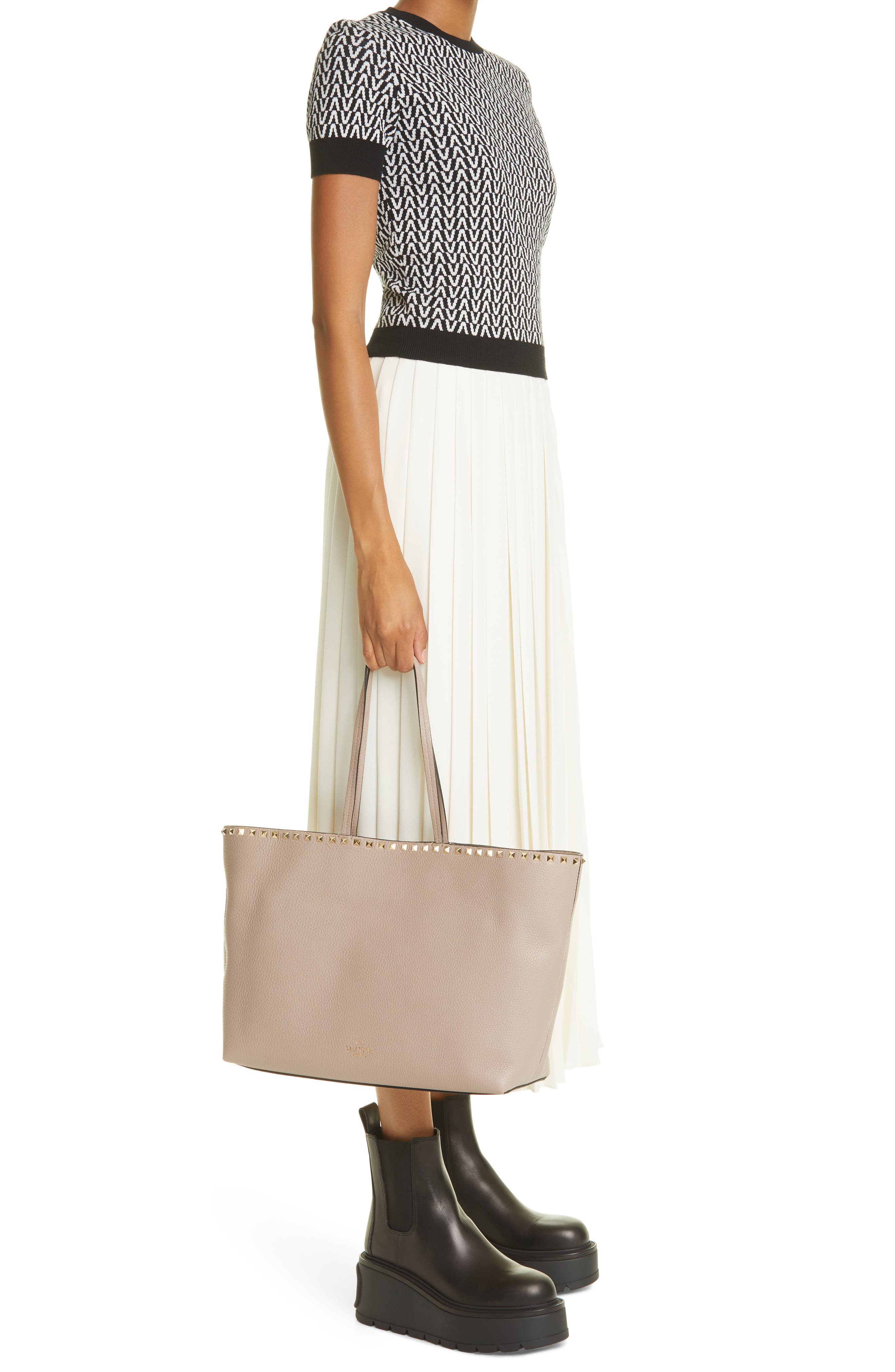 Rockstud Leather Tote, Alternate, color, POUDRE