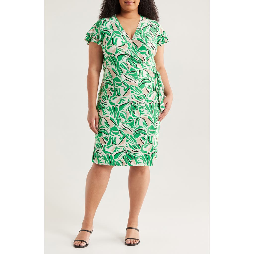 Anne Klein Abstract Print Flutter Sleeve Wrap Dress In White