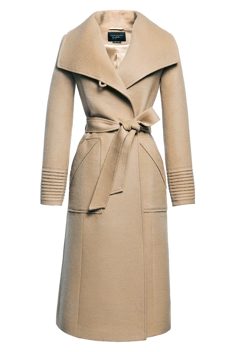 Wide Collar Belted Alpaca & Wool Wrap Coat, Alternate, color, CAMEL