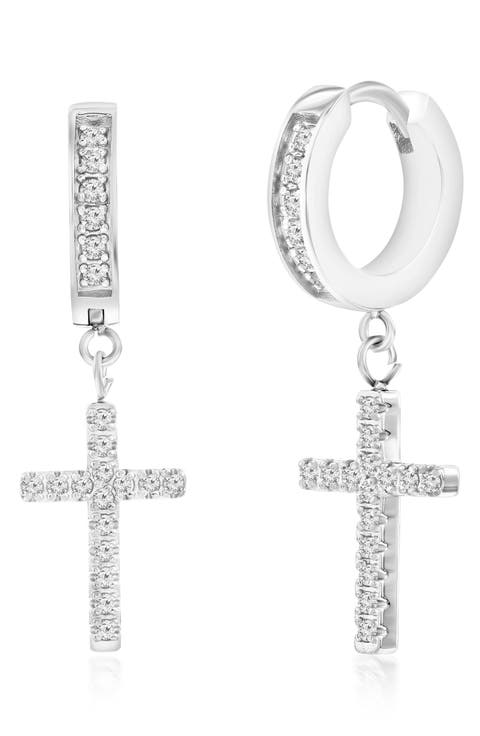 Men's Cross CZ Huggie Hoop Earrings