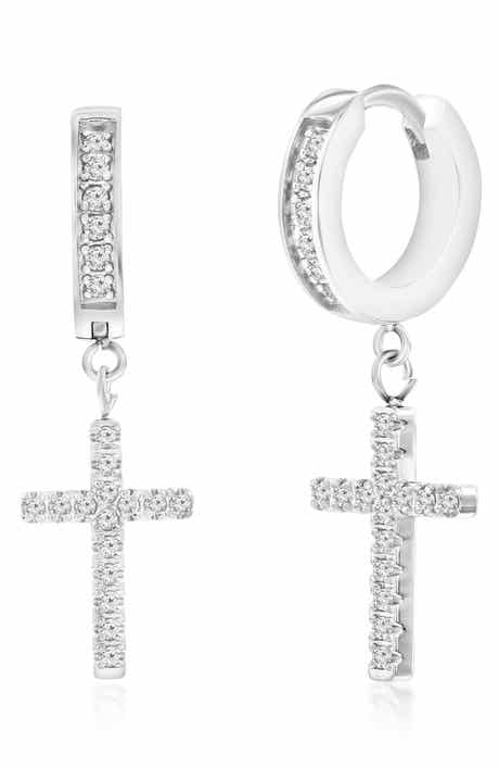 Men's Cross CZ Huggie Hoop Earrings
