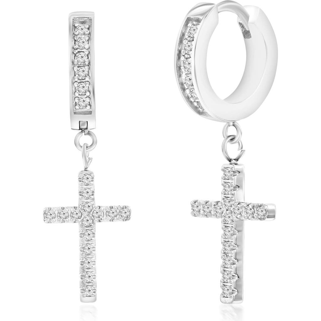 Blackjack Cross Cz Huggie Hoop Earrings In Silver
