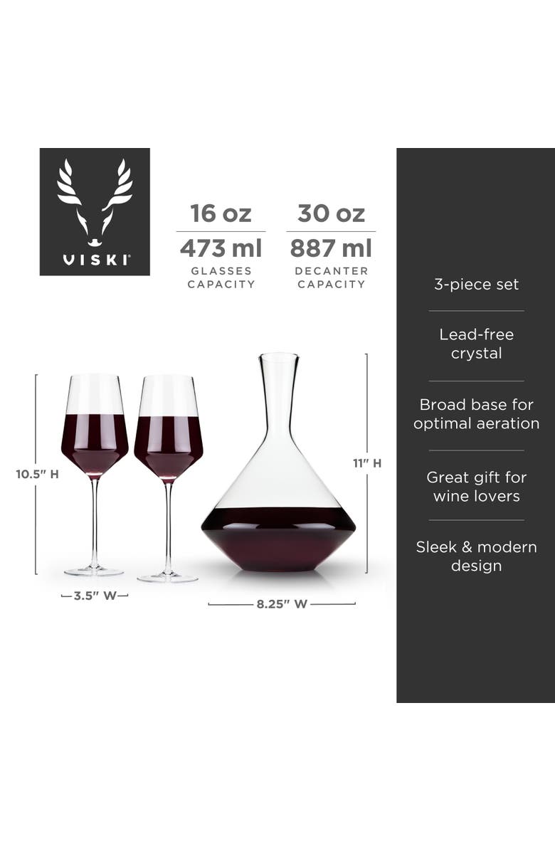 Viski Raye Crystal 3-Piece Angled Bordeaux Decanter and Wine Glass Set, Alternate, color, Clear