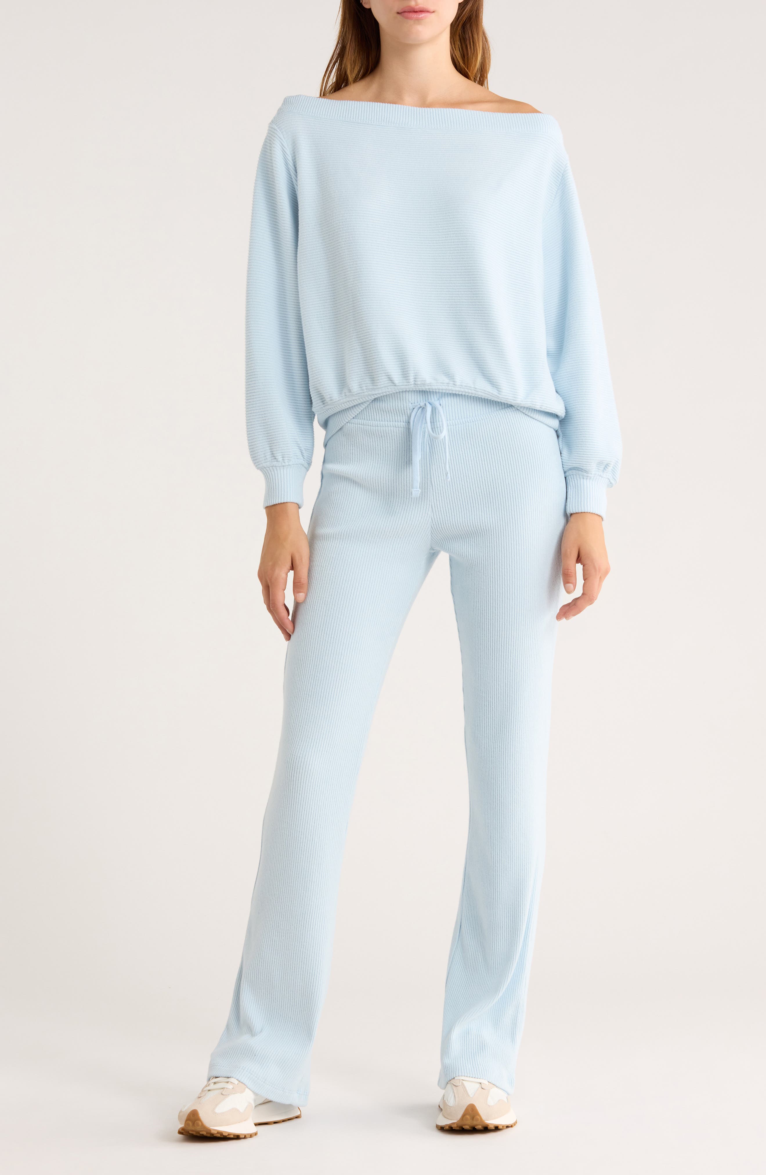 Abound Hacci One-Shoulder Top & Flared Pants Set