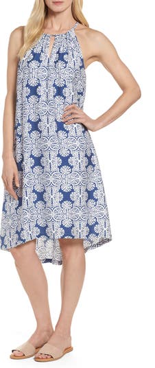 Vineyard Vines Women's Mirrored Leaves Trapeze Halter Dress (Blue) (Size: 12)