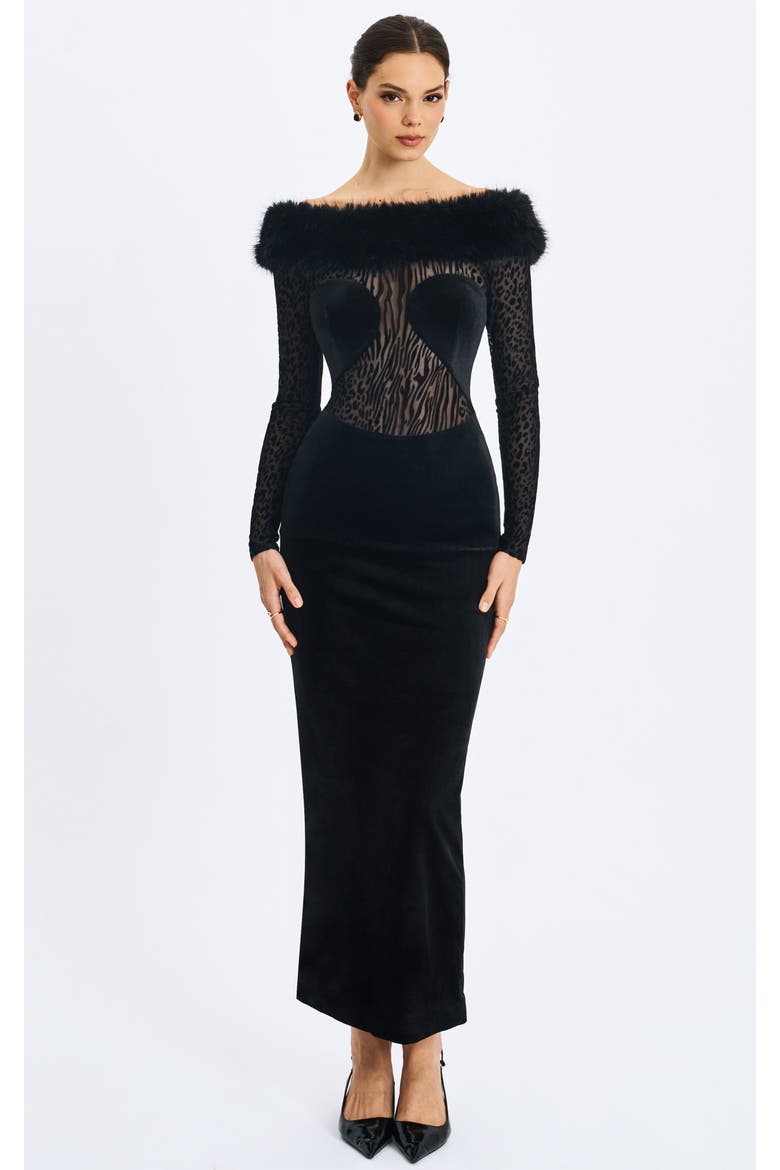 Alexis Faux Fur Boatneck Maxi Dress, Main, color, Black