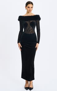 Miss Circle Alexis Faux Fur Boatneck Maxi Dress