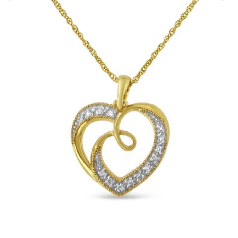 14K Yellow Gold Plated Silver Diamond Accent Ribbon & Heart Pendant Necklace