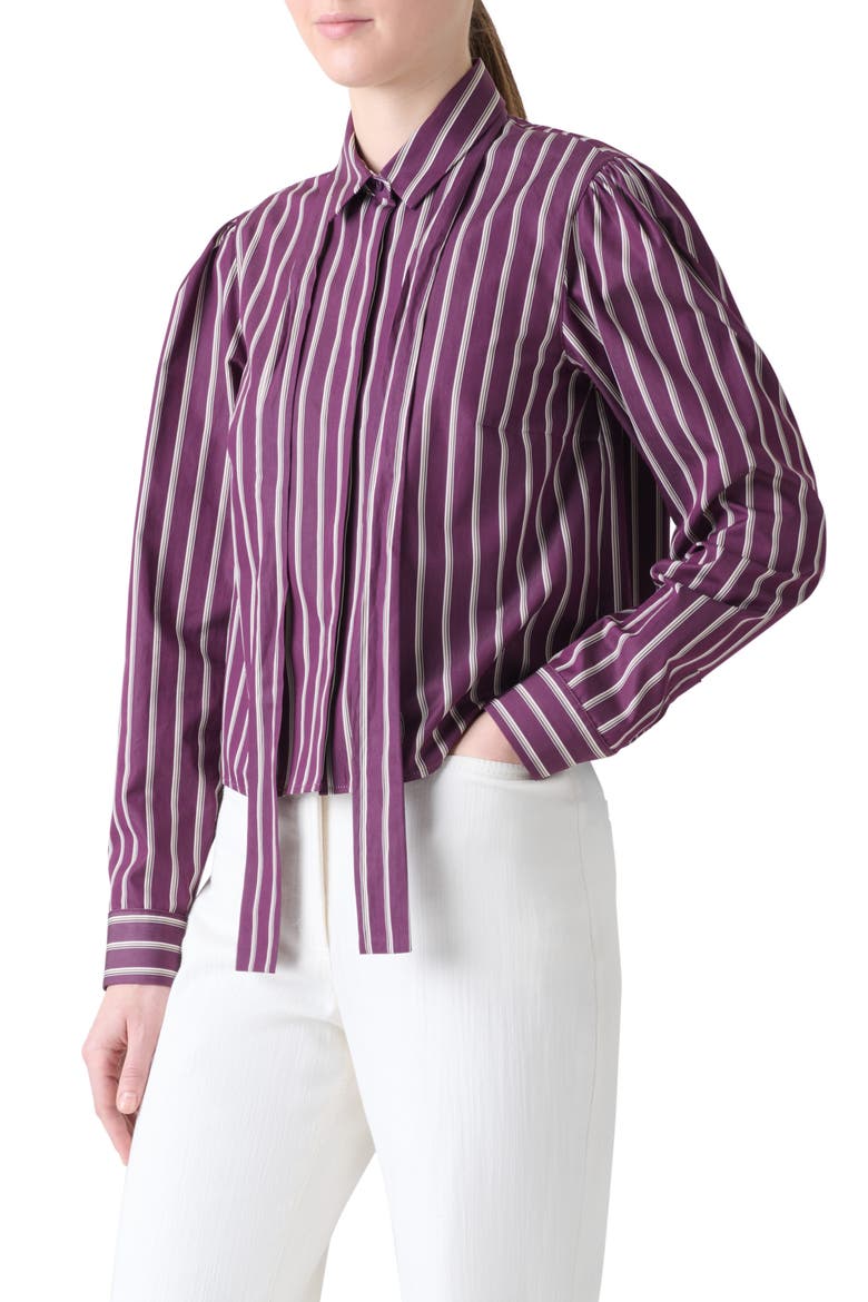 Stripe Tie Neck Cotton Poplin Button-Up Shirt, Alternate, color, BLACKBERRY