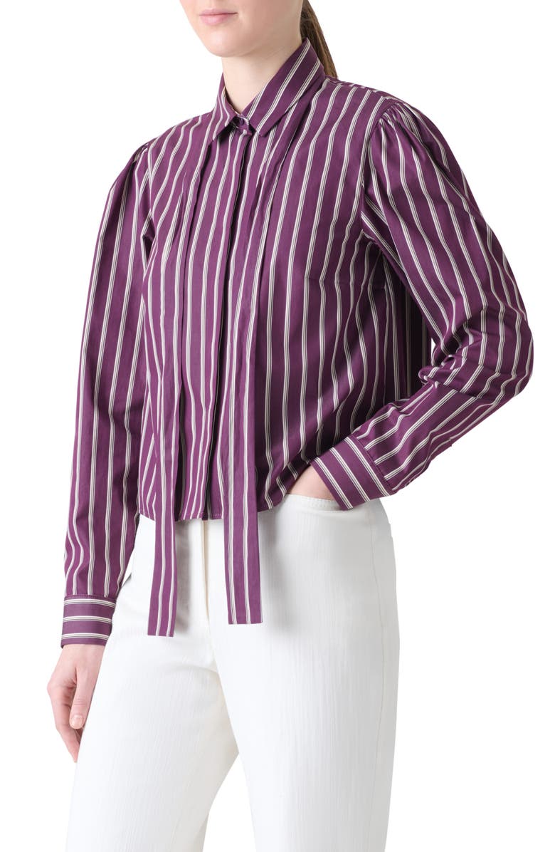 Akris punto Stripe Tie Neck Cotton Poplin Button-Up Shirt, Alternate, color, Blackberry