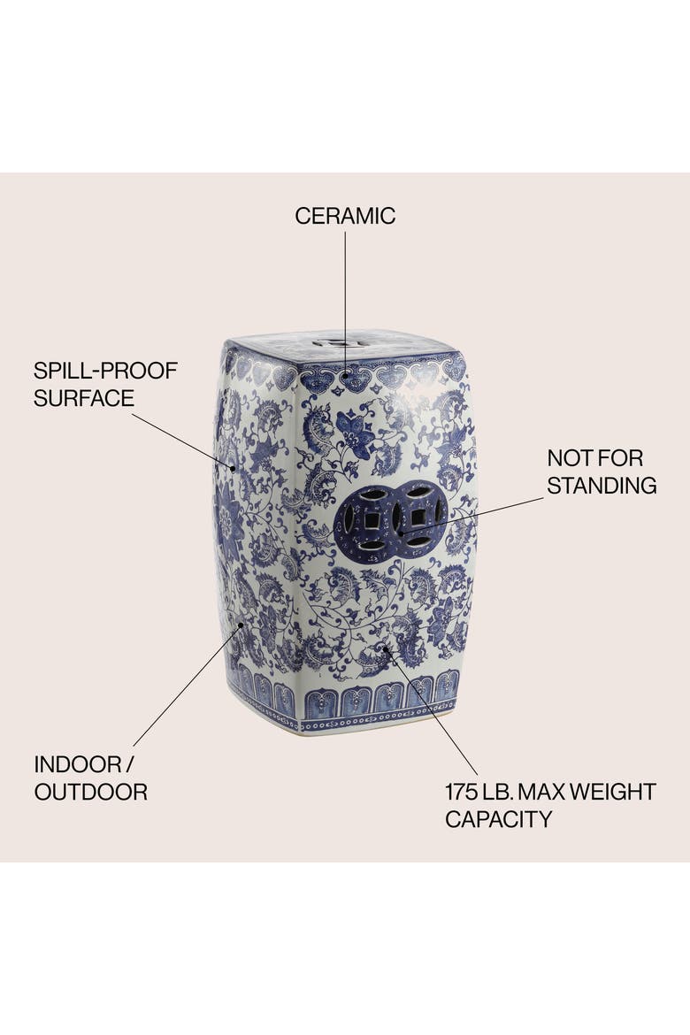 Floral Vine Traditional Floral Chinoiserie Ceramic Drum Garden Stool, Pierced Indoor/Outdoor Patio Seat & Side Table, Alternate, color, Blue/White