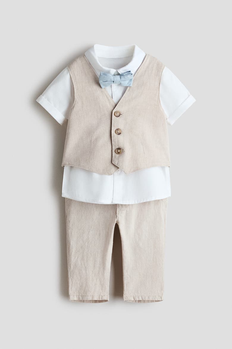 4-piece Linen-blend Dressy Set, Main, color, Light beige/white