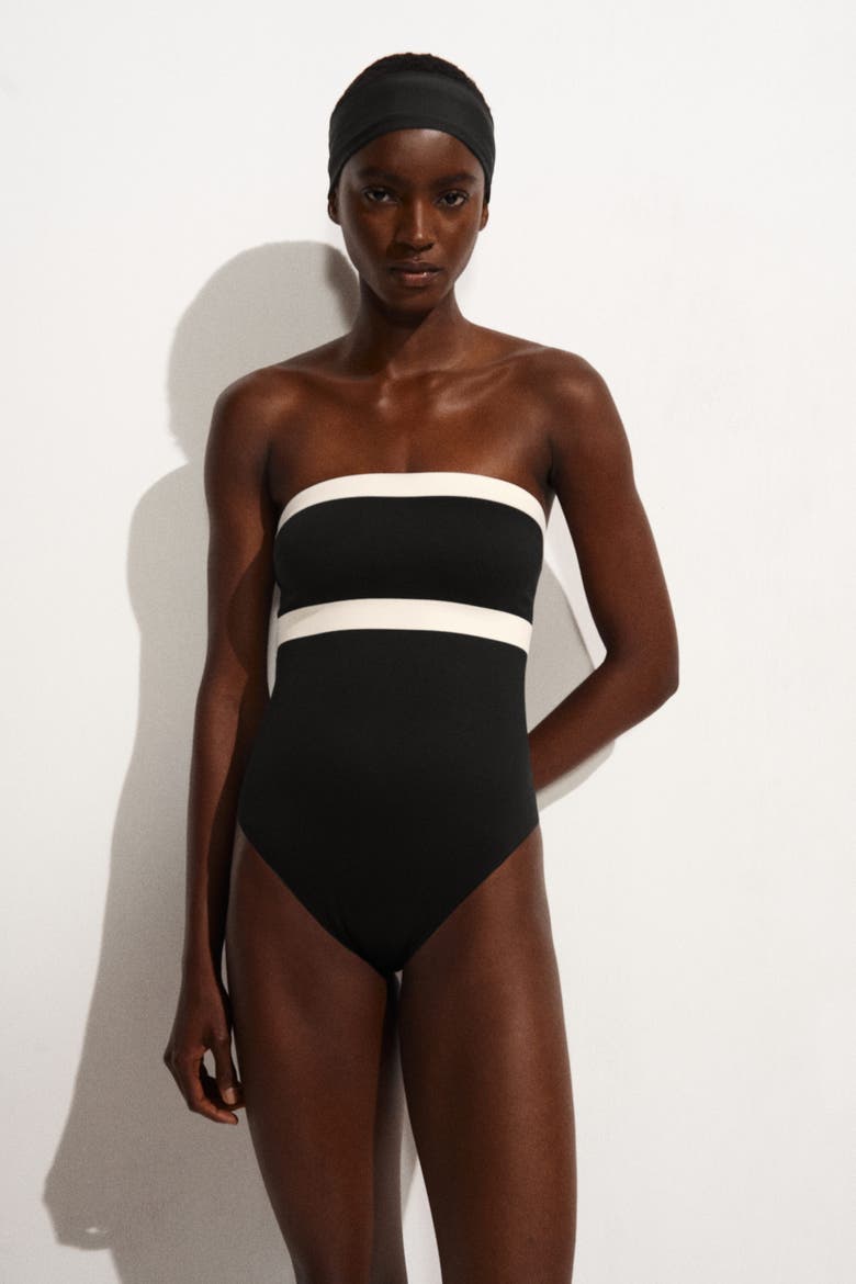 Colour-block Scuba Knit Bandeau Swimsuit, Alternate, color, BLACK / CREAM