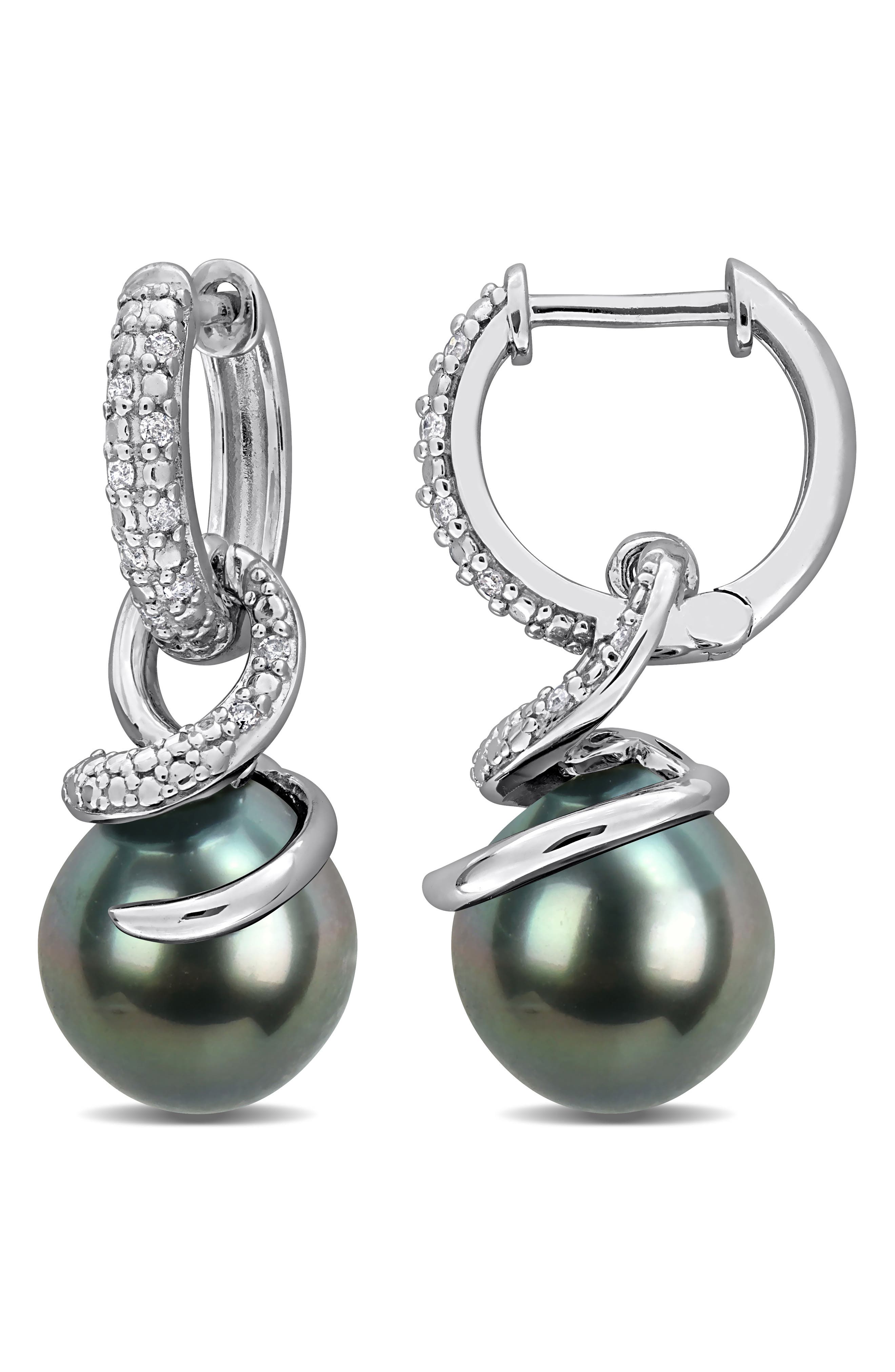 DELMAR 8-8.5mm Cultured Tahitian Pearl & Diamond Drop Earrings