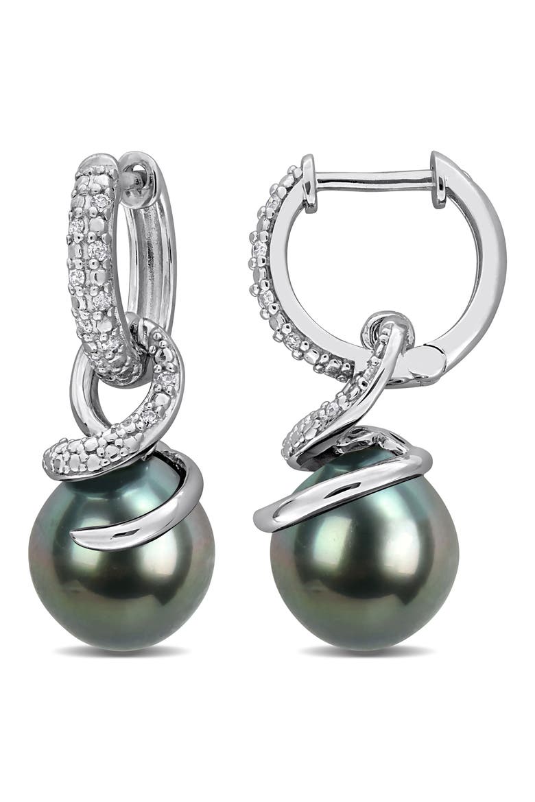 8-8.5mm Cultured Tahitian Pearl & Diamond Drop Earrings, Main, color, BLACK