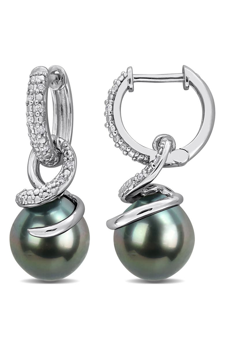 DELMAR 8-8.5mm Cultured Tahitian Pearl & Diamond Drop Earrings, Main, color, Black